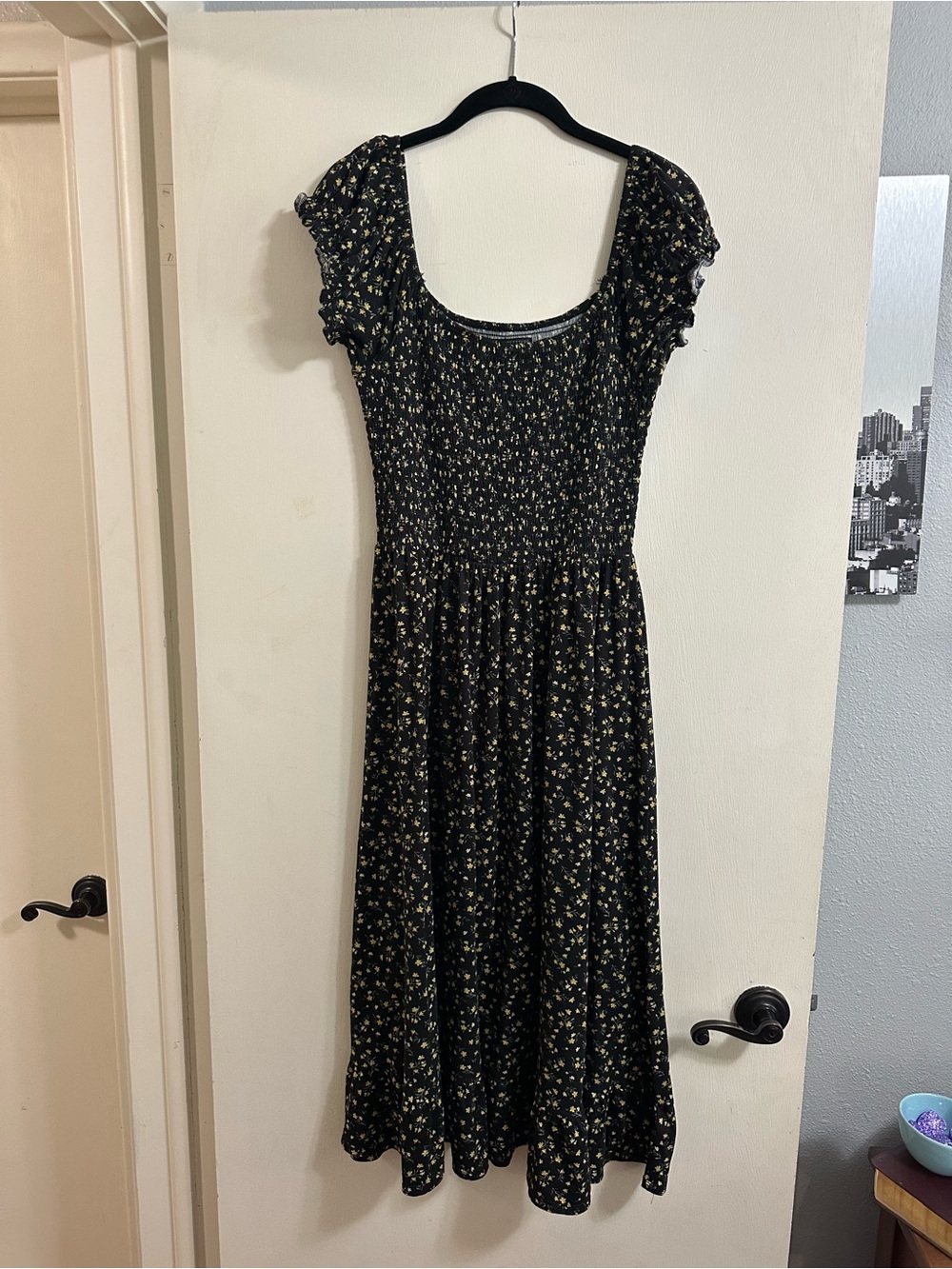 Urban Outfitters Black Floral Square-Neck Midi Dress with Cream Accents